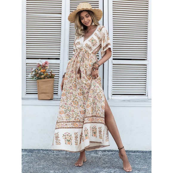 ❗️  Floral Print Trumpet Sleeve Split Thigh Tassel Waist maxi Dress boho pink - Picture 5 of 6